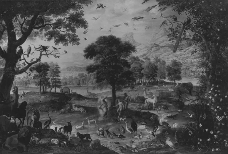the creation of Adam and Eve in the Garden of Eden, by Jacob Bouttats, oil, 1700