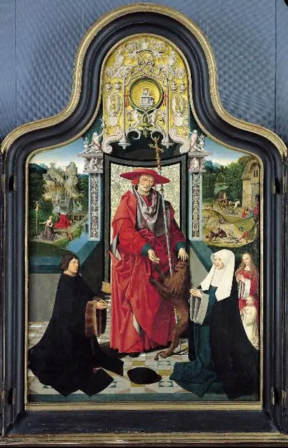 Een stichterspaar en hun kinderen in aanbidding voor de H. Hieronymus. In de achtergrond taferelen uit het leven van Hieronymus, by Jacob Cornelisz van Oostsanen
