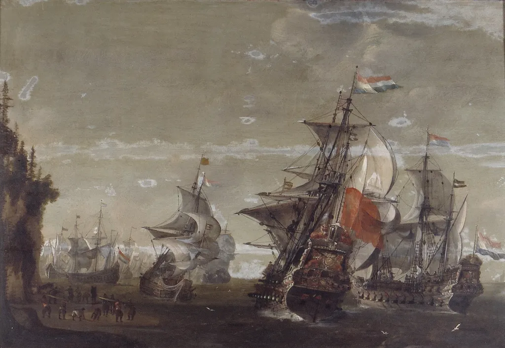 Dutch Ships off a Northern Coast, by Jacob de Gruyter, oil, 1649