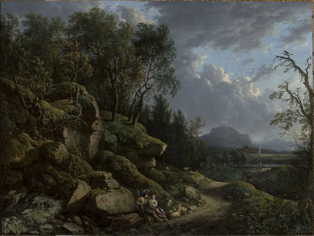 Mountain landscape with a shepherd and a shepherdess, by Jacob de Heusch