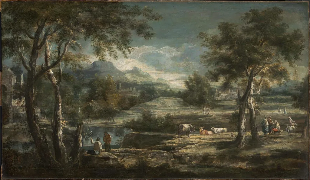 River Landscape with Mountains, by Jacob de Heusch, oil, 1688