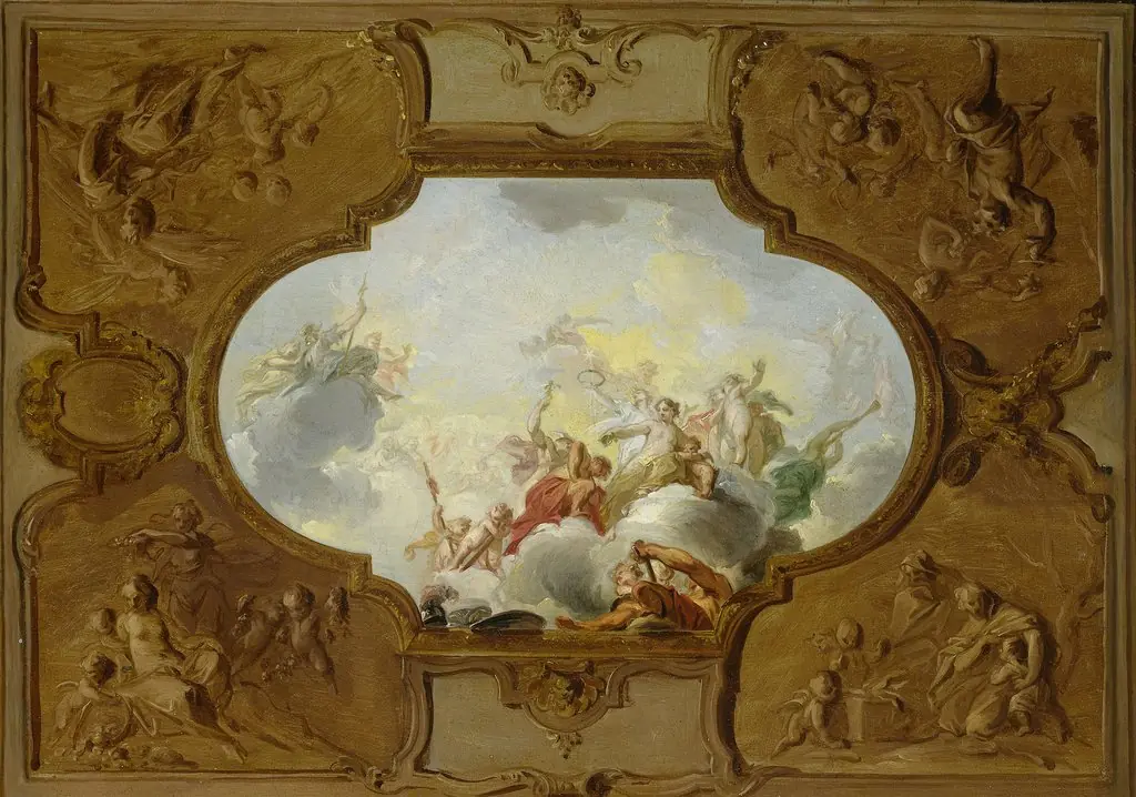 Design for a ceiling piece with Aeneas and the four seasons in the corners, by Jacob de Wit