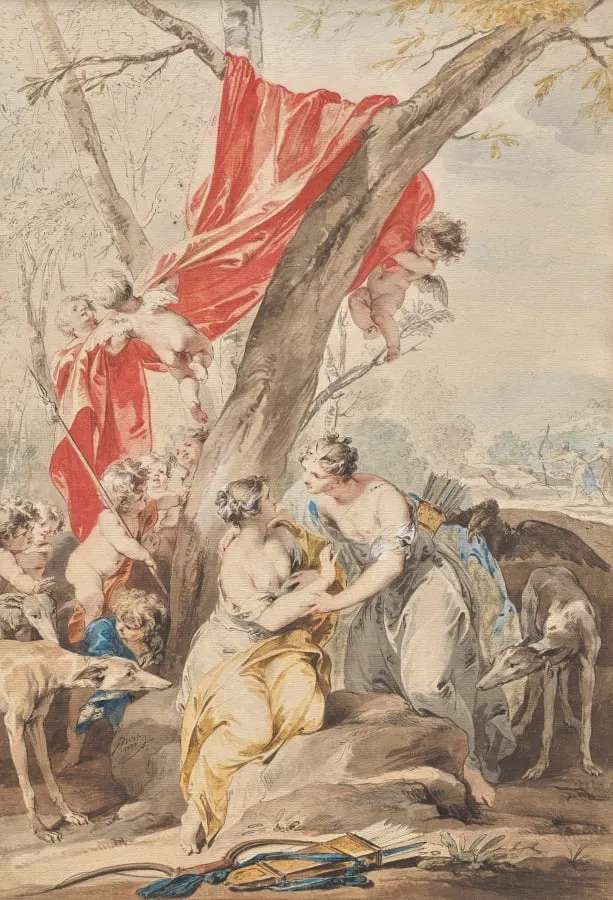 Jupiter (in the guise of Diana) and Callisto, by Jacob de Wit, 1733