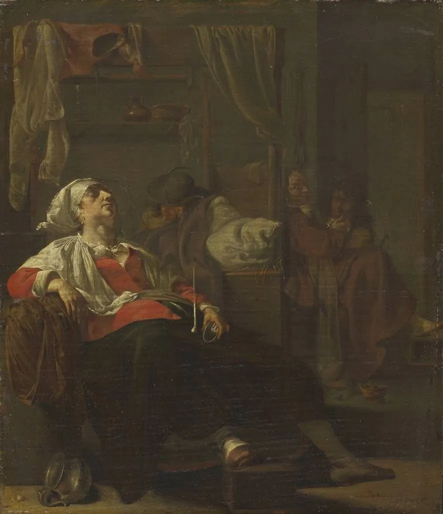 Brothel scene with a sleeping couple, by Jacob Duck, oil, 1645