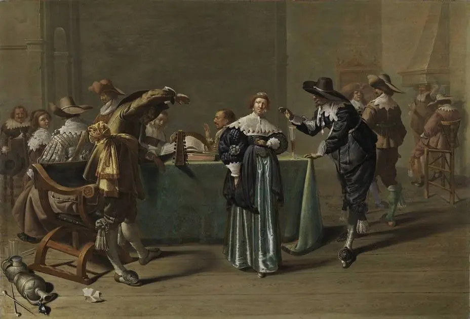 Elegant company singing, dancing and smoking in an interior, by Jacob Duck