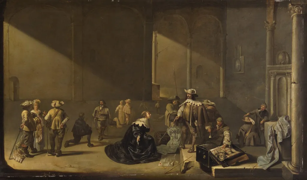 Interior with soldiers inspecting the booty and with a pleading woman, by Jacob Duck, oil, 1636