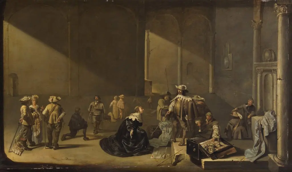 Interior with soldiers inspecting the booty and with a pleading woman, by Jacob Duck
