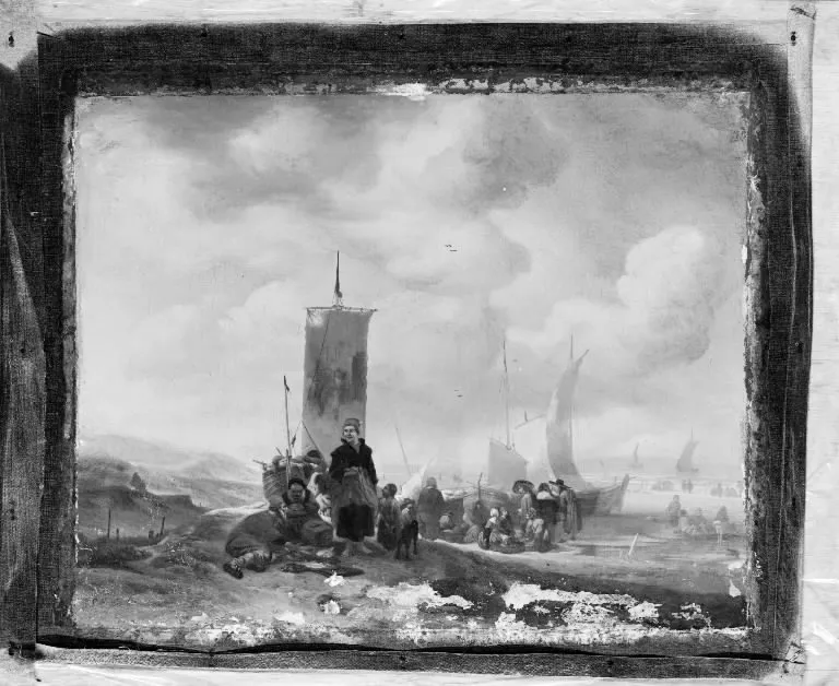Fishermen on the Beach with their Boats and Catch, by Jacob Esselens, oil, 1664