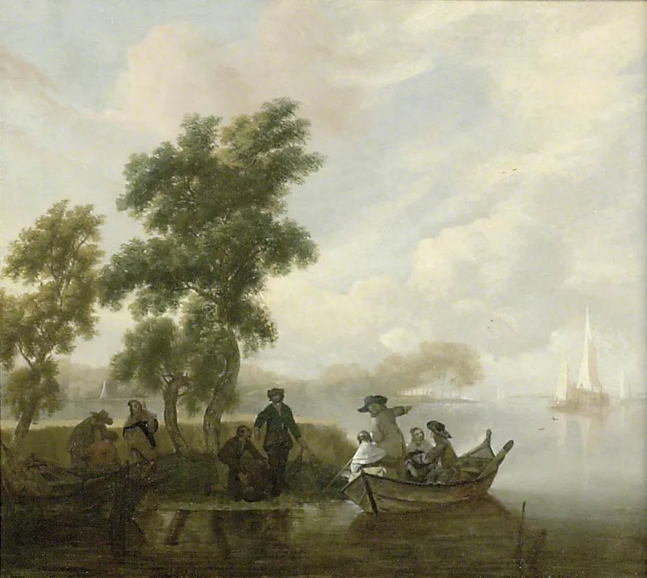 Lake Scene with a Fishing Party, by Jacob Esselens, oil, 1666