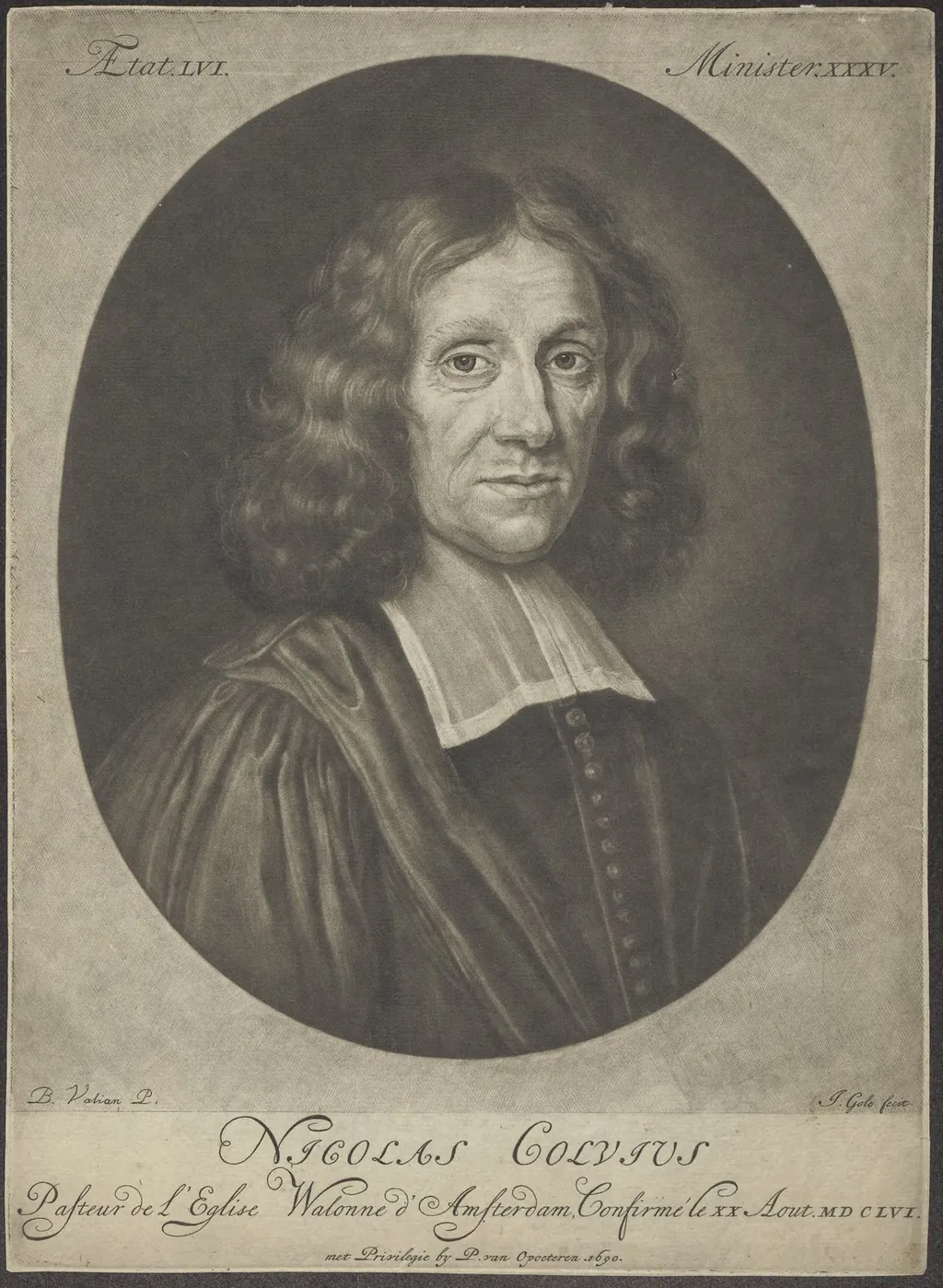 Portrait of Nicolas Colvius, Walloon minister in AmsterdaM, by Jacob Gole, unspecified, 1690