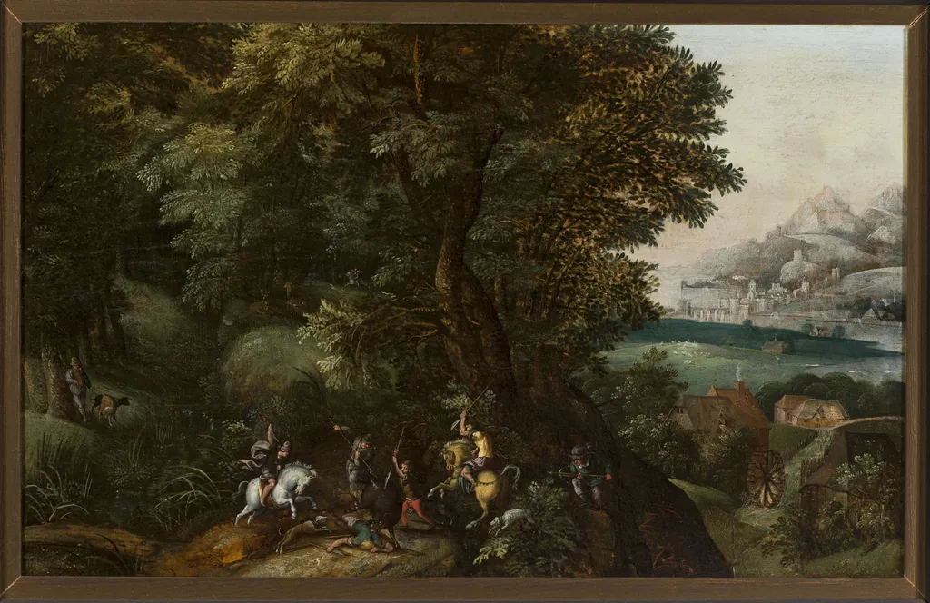 Hunting a wild boar, by Jacob Grimmer, oil, 1596