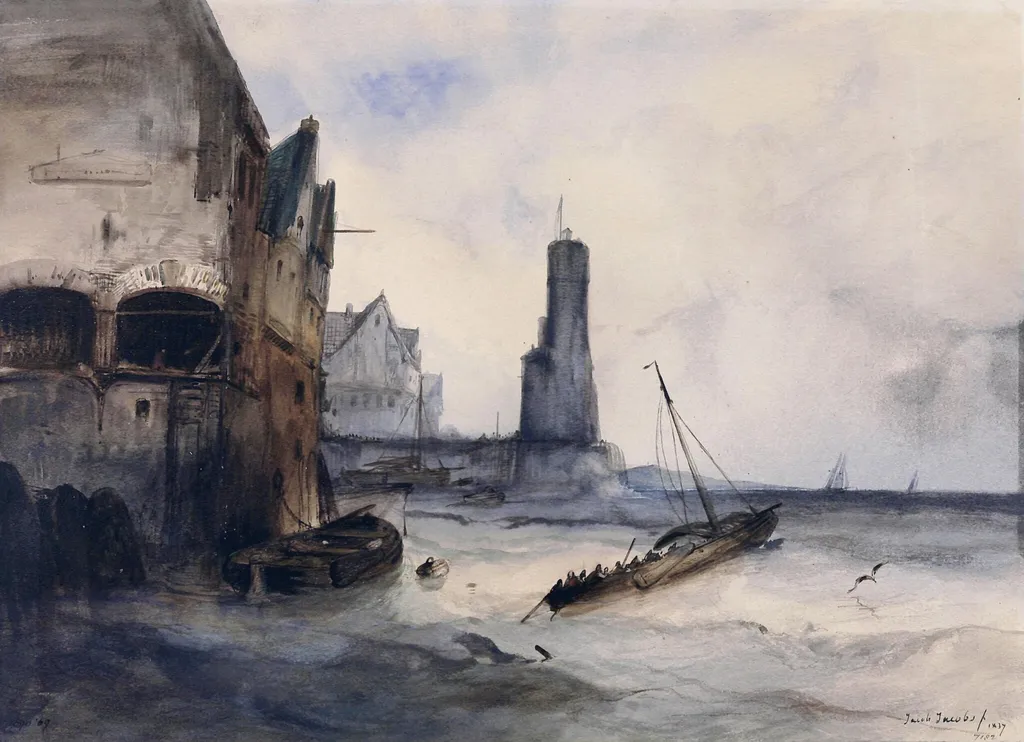 A Seaport, by jacob jacobs, watercolor