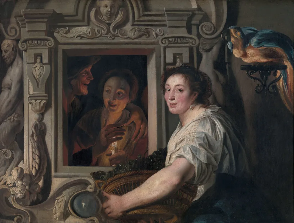 A maidservant with a basket of fruit and two lovers, by Jacob Jordaens, oil, 1630