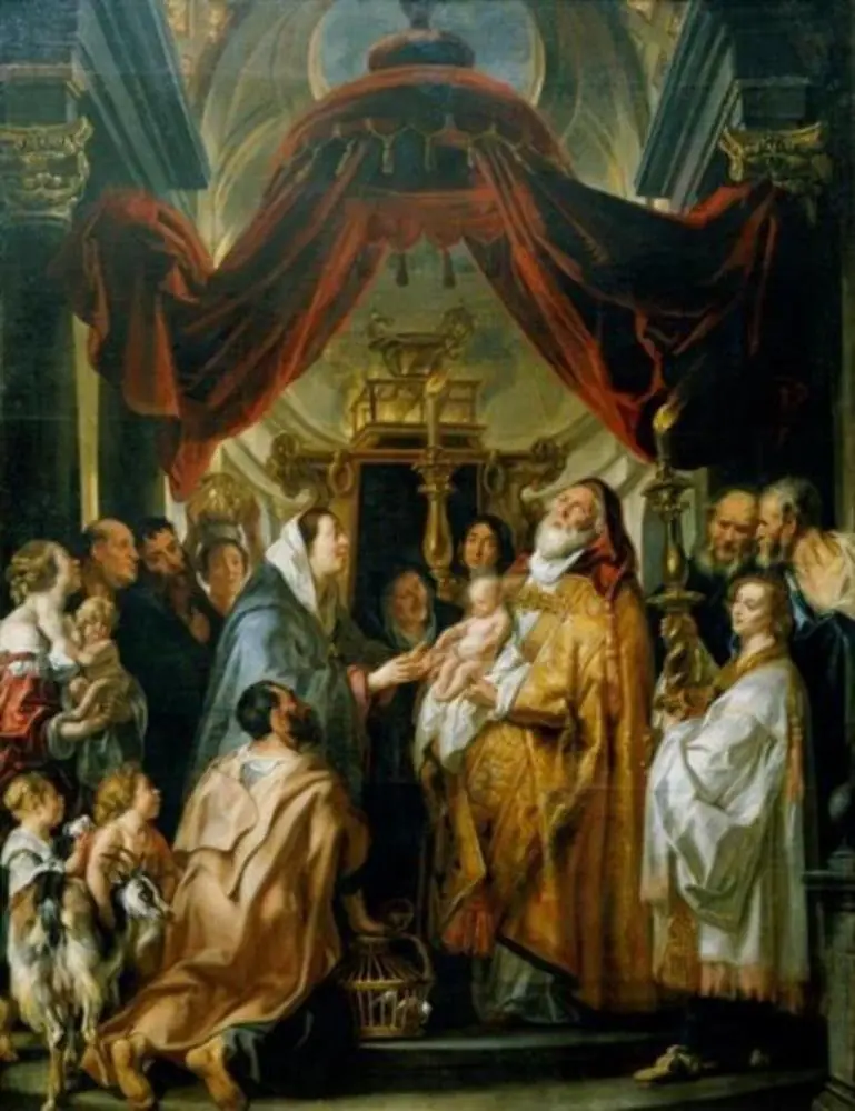 The presentation in the temple; Simeon, holding the Christ-child, sings his canticle: 'Nunc dimittis', by Jacob Jordaens
