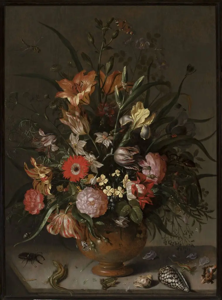 Bouquet of flowers in a vase, insects and tiny creatures, by Jacob Marrel