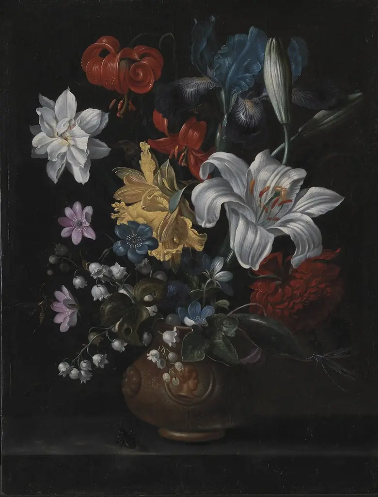 En stentøjskrukke med blomster, by Jacob Marrel