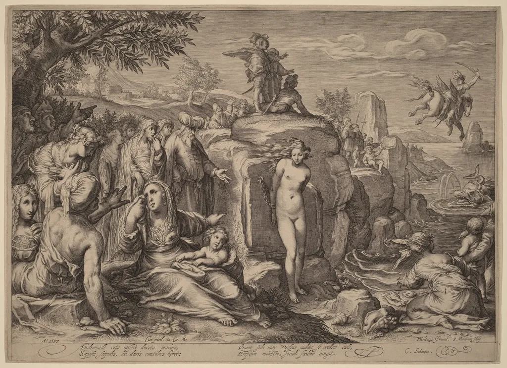 Perseus and Andromeda, by Jacob Matham, ink, 1597