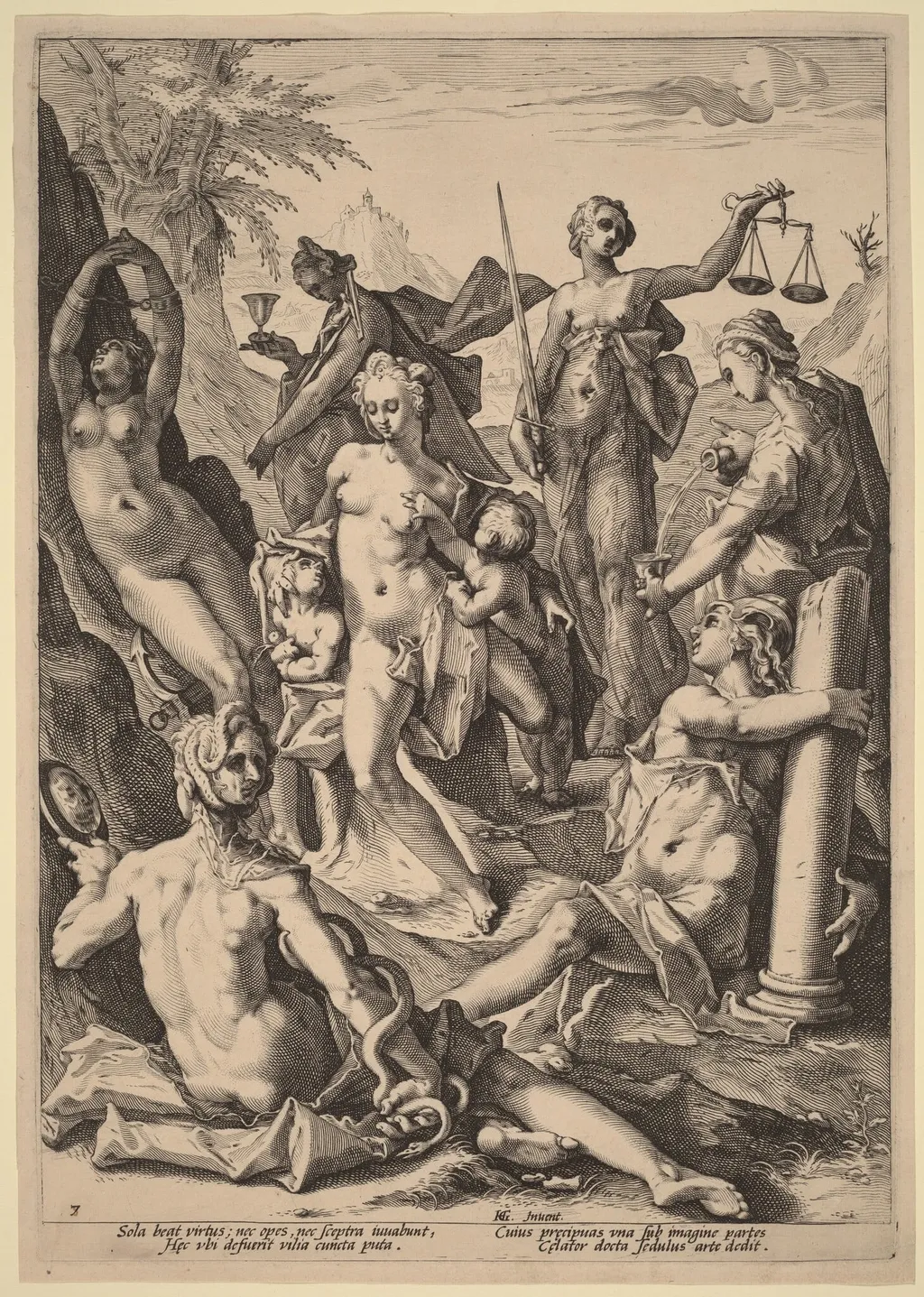 The Seven Virtues, by Jacob Matham, ink, 1588