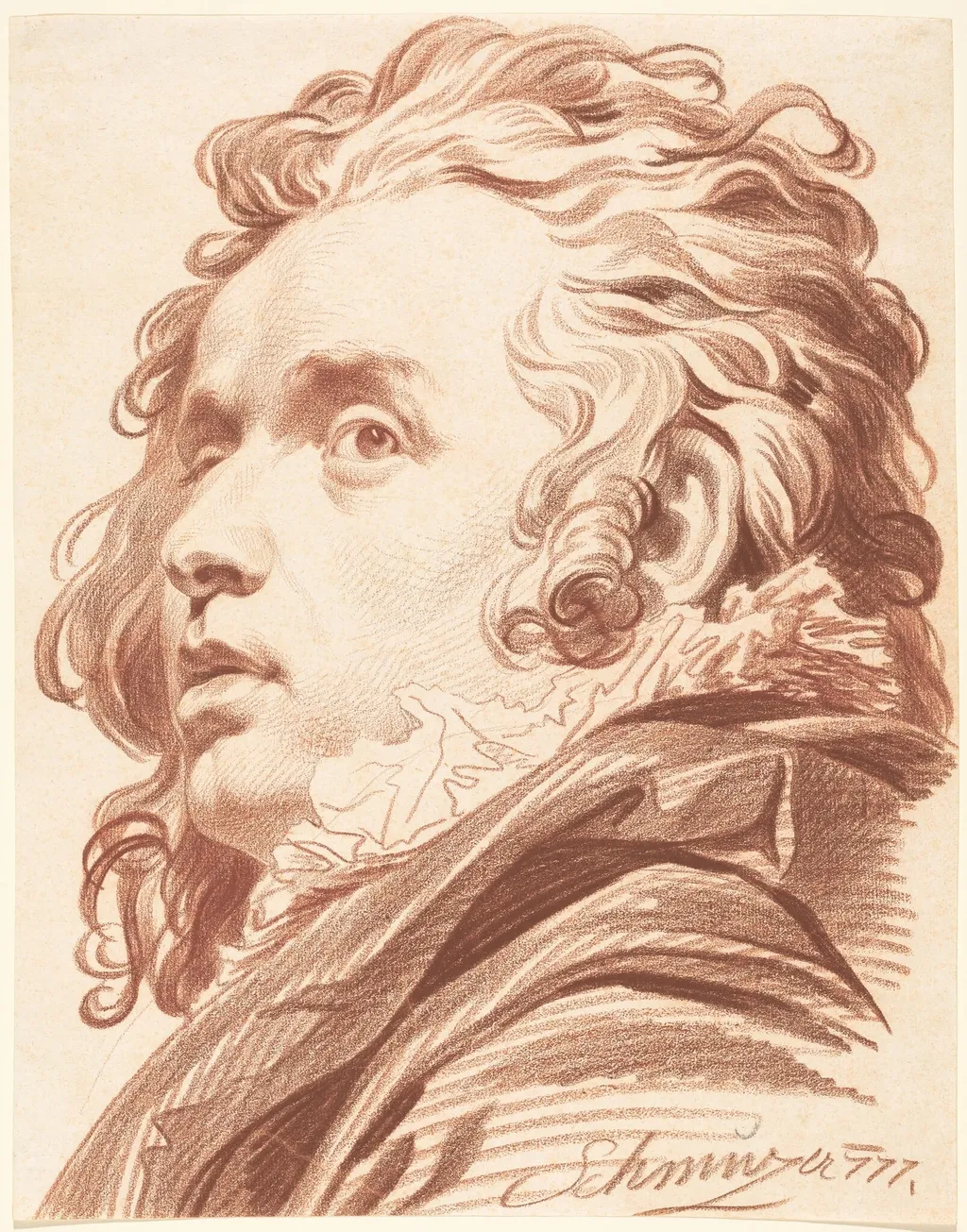 A Young Man with Flowing Hair, by Jacob Matthias Schmutzer, chalk, 1777