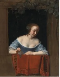 A Lady in a Window Holding a Bunch of Grapes, by Jacob Ochtervelt, oil, 1668