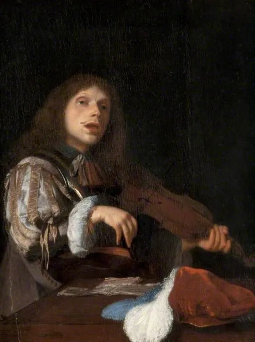 A Young Man Singing to a Violin, by Jacob Ochtervelt, oil, 1666