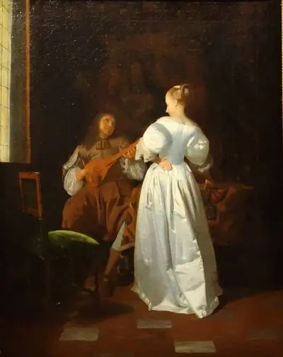 Man playing the cithern and a young woman in an interior, by Jacob Ochtervelt