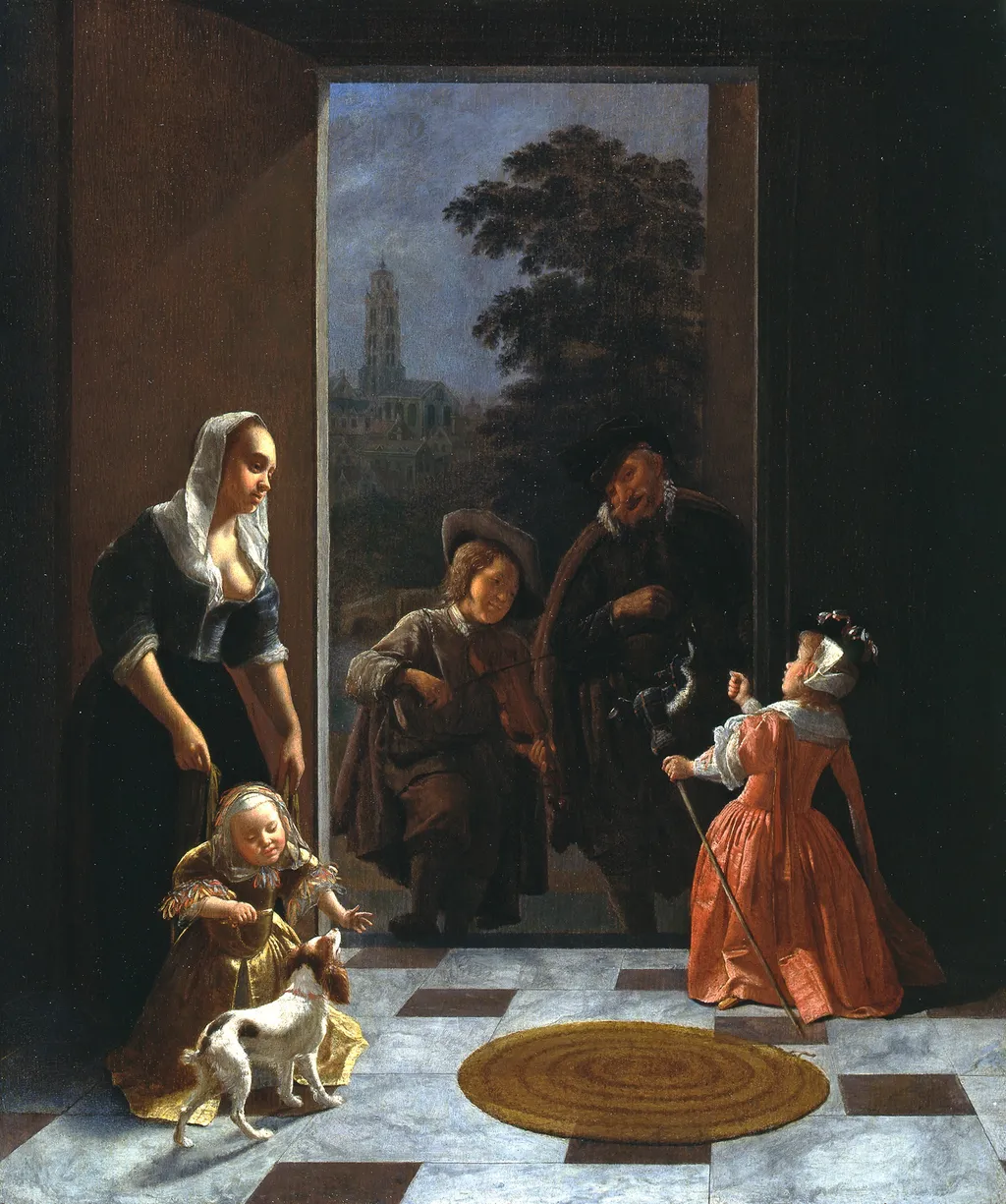 Street musicians at the door, by Jacob Ochtervelt, paint, 1662