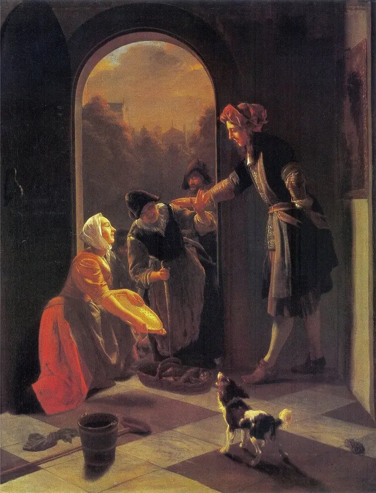 Woman selling fish at the door of a house, by Jacob Ochtervelt