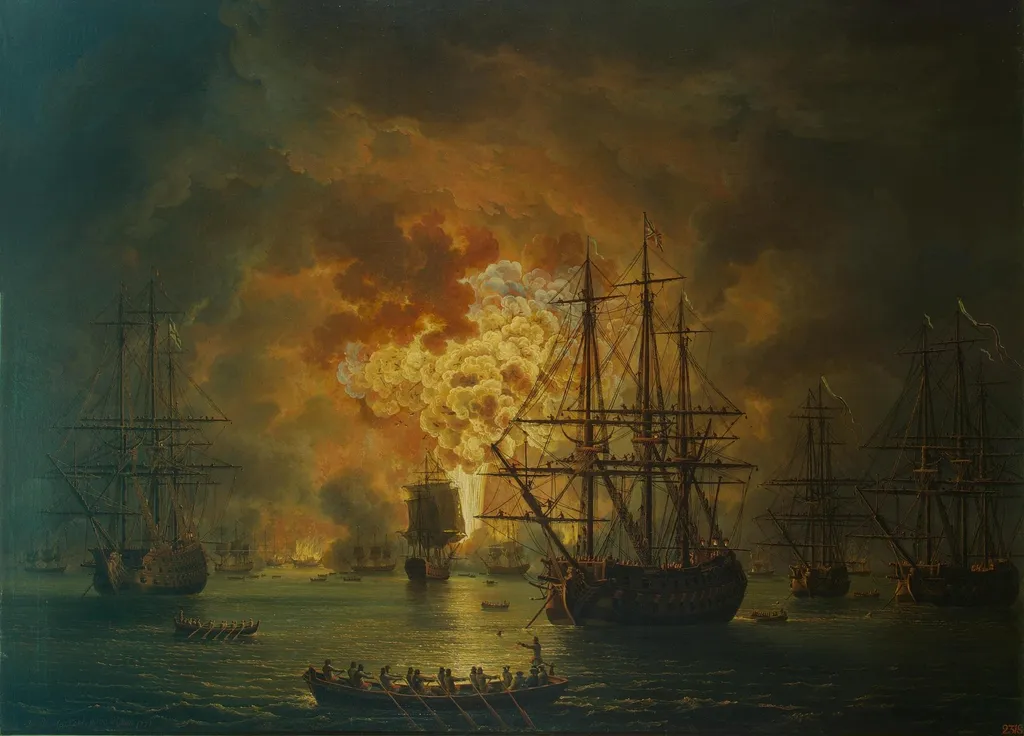 Destruction of the Turkish Fleet in the Bay of Chesme, by Jacob Philipp Hackert, oil, 1771