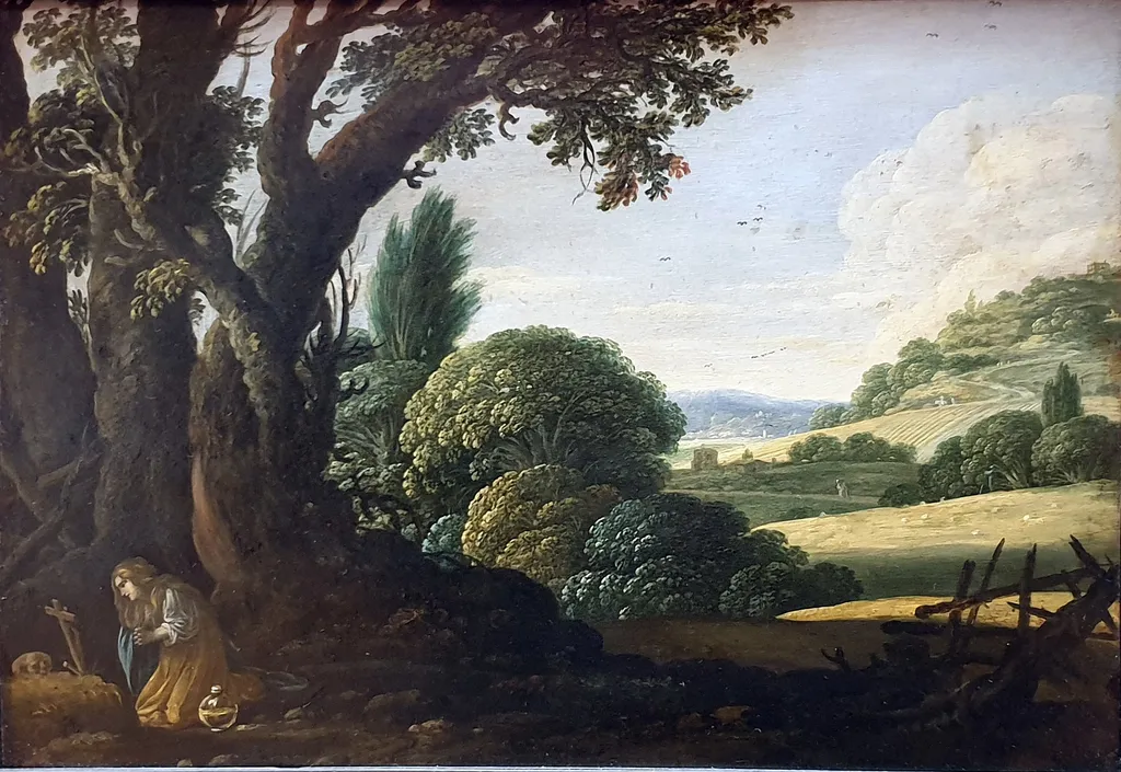 Mary Magdalene praying in a rolling landscape, by Jacob Pynas, paint, 1617