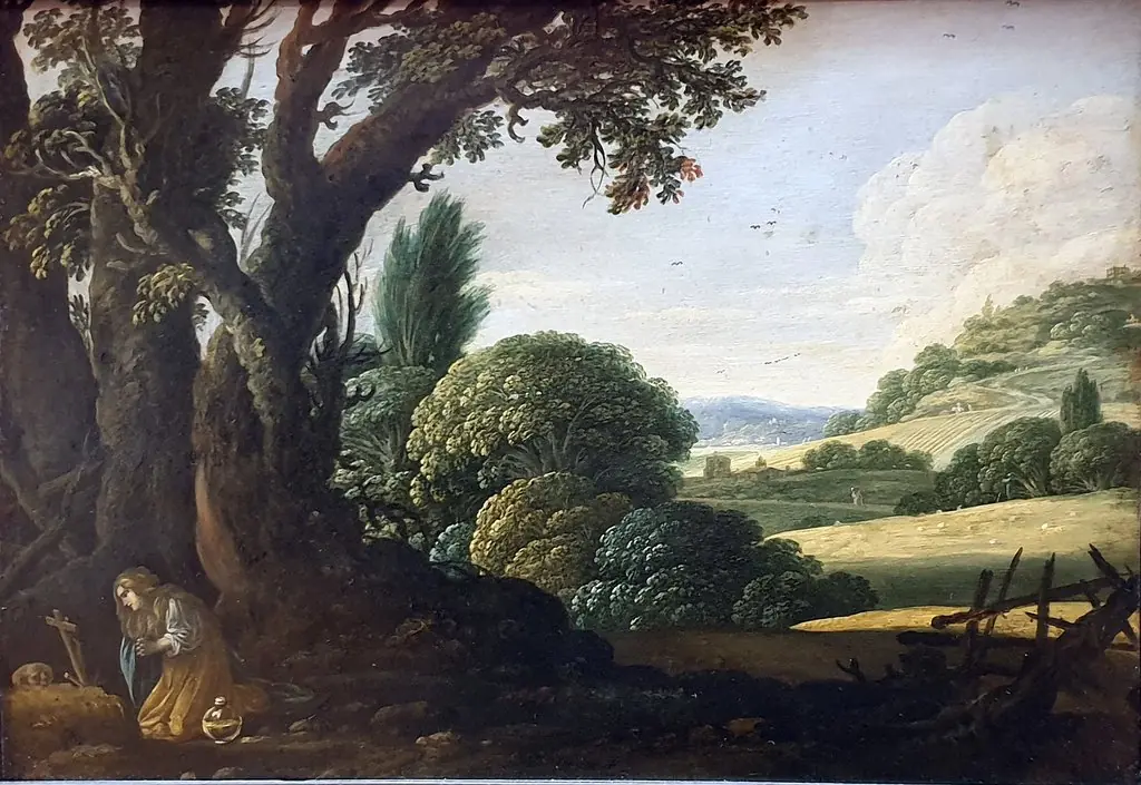 Mary Magdalene praying in a rolling landscape, by Jacob Pynas