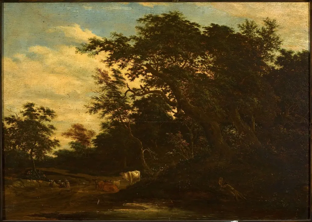 Landscape with a creek and cattle, by Jacob Salomonsz. van Ruysdael