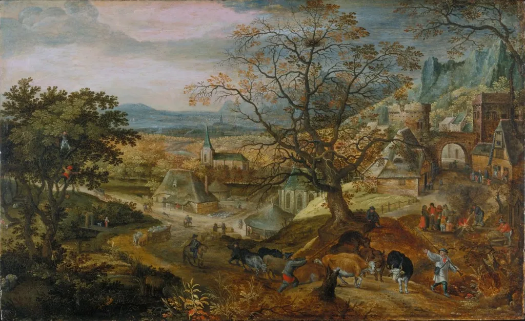 Landscape with Village: "Autumn", by Jacob Savery, oil, 1600