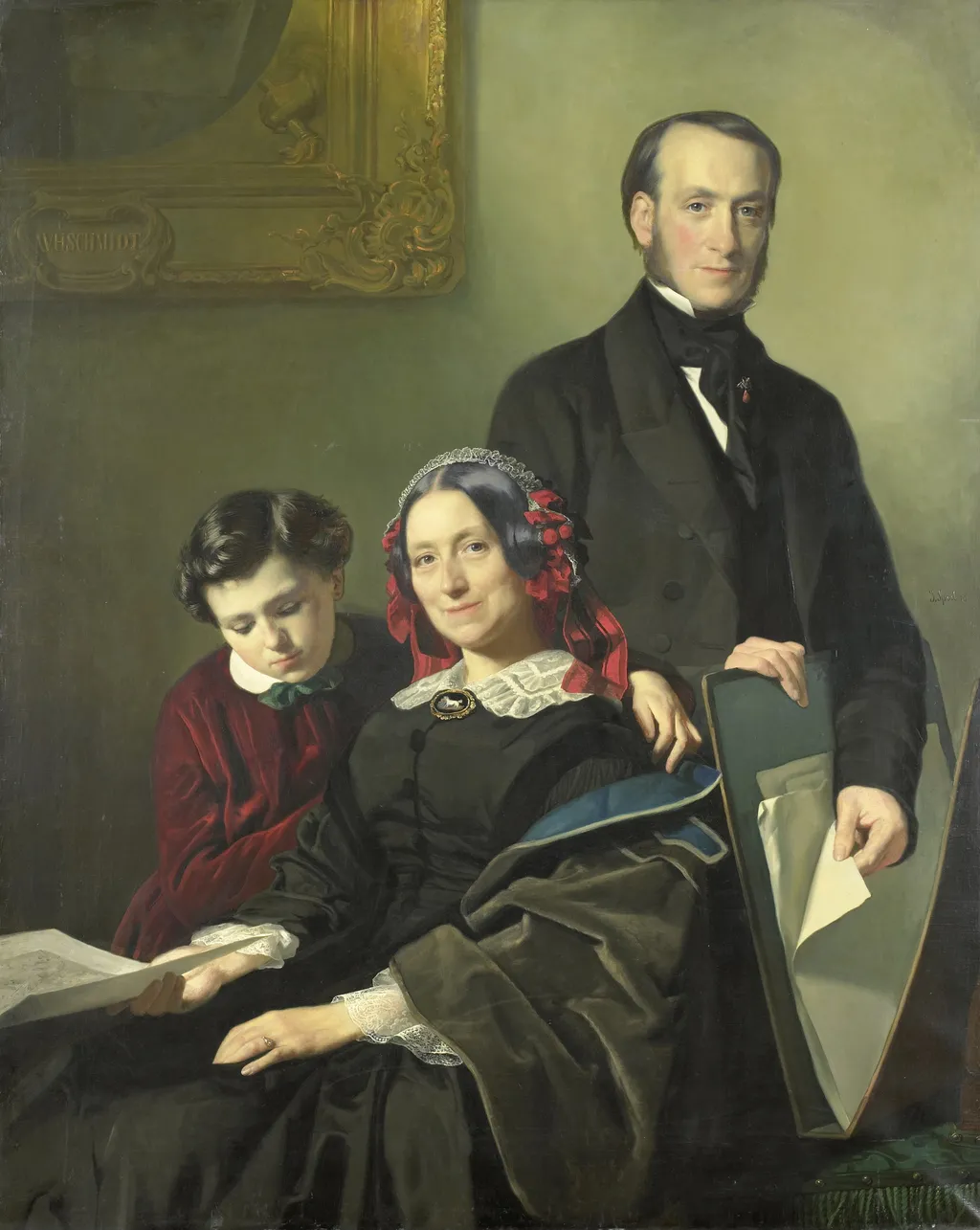 Mrs A J Schmidt Keiser, widow of the painter Willem Hendrik Schmidt (1809-49), the teacher of Jacob Rinse with her brother Y N Keiser and her ten-year-old son, by Jacob Spoel, oil, 1858