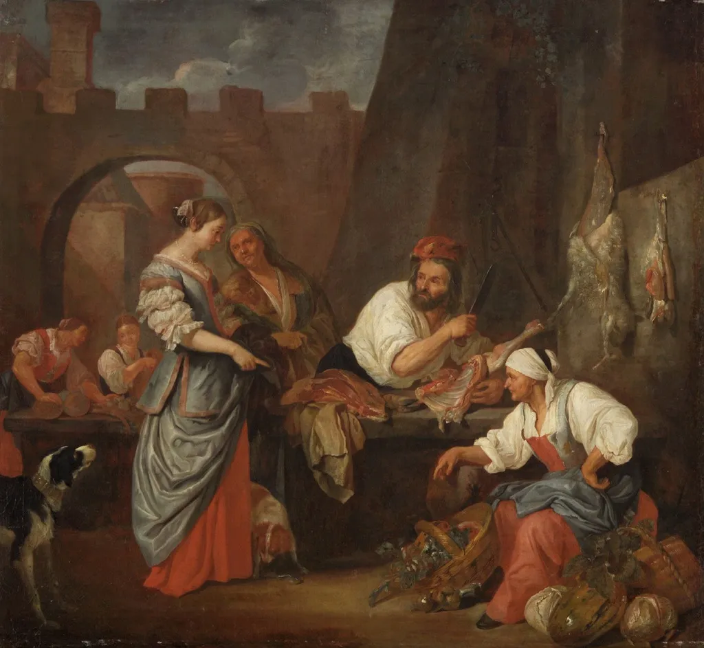 The Butcher shop, by Jacob Toorenvliet, oil, 1694