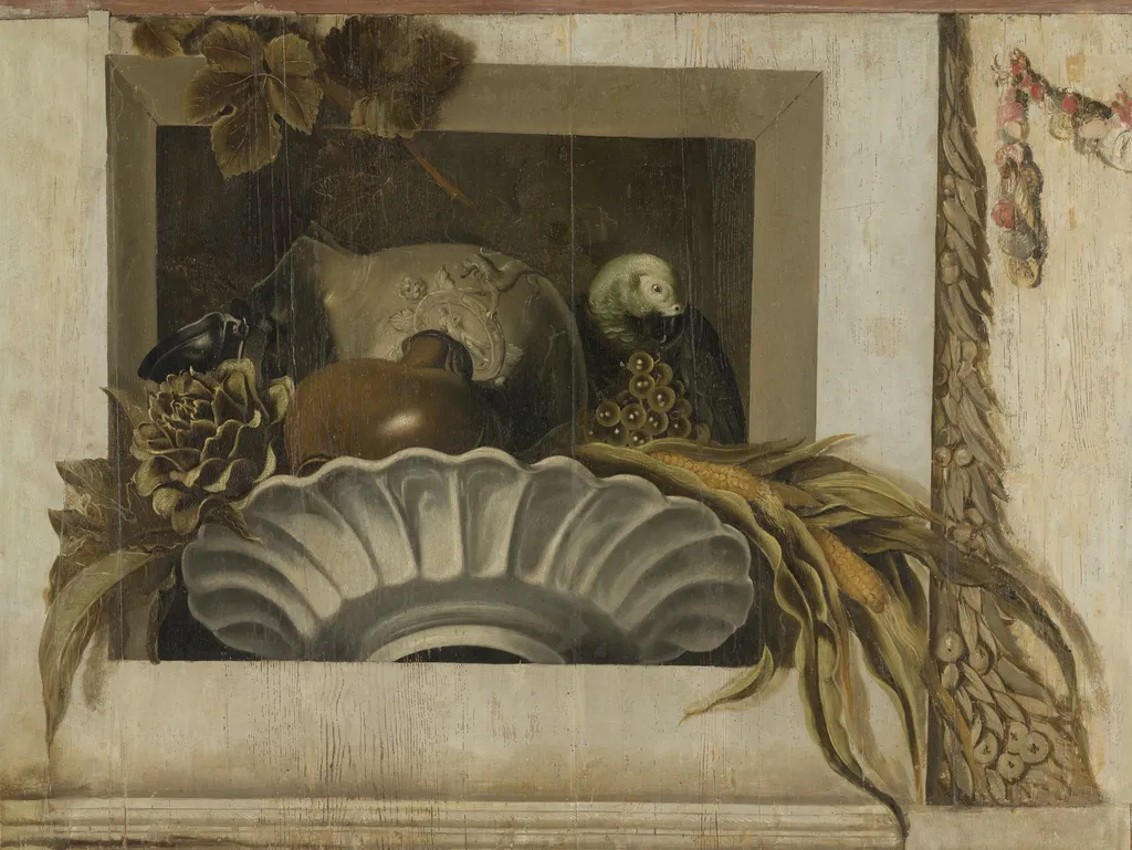 Still a Bowl of Corn, Artichokes, Grapes and a Parrot, by Jacob van Campen, oil, 1650