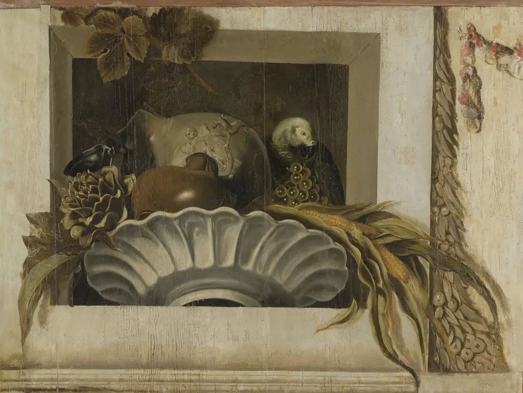 Still a Bowl of Corn, Artichokes, Grapes and a Parrot, by Jacob van Campen
