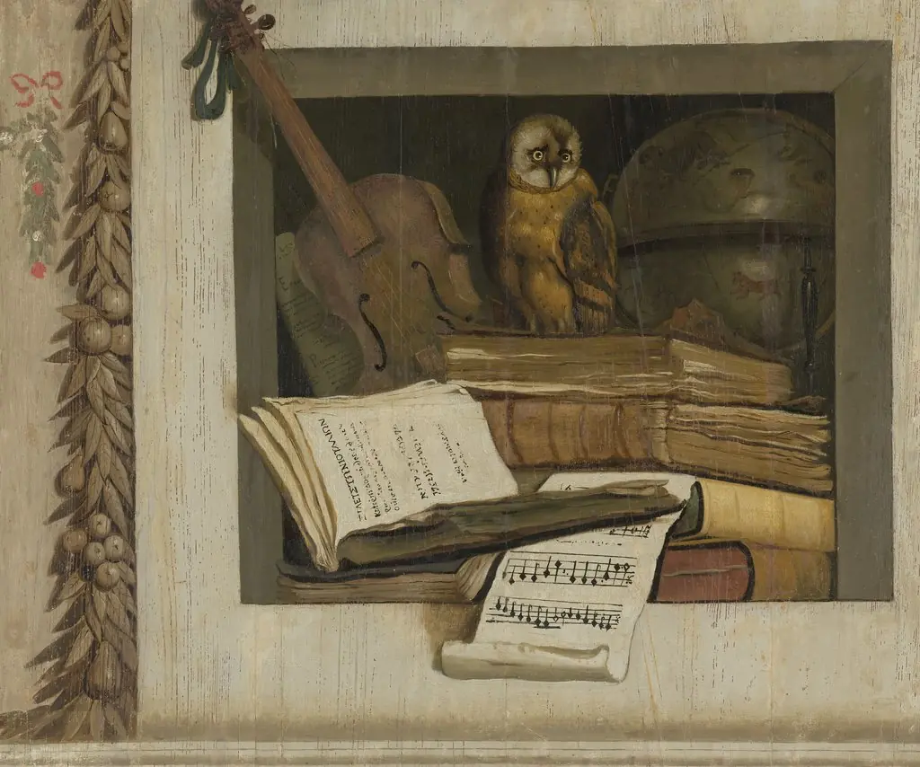 Still Life with Books, Sheet Music, Violin, Celestial Globe and an Owl, by Jacob van Campen