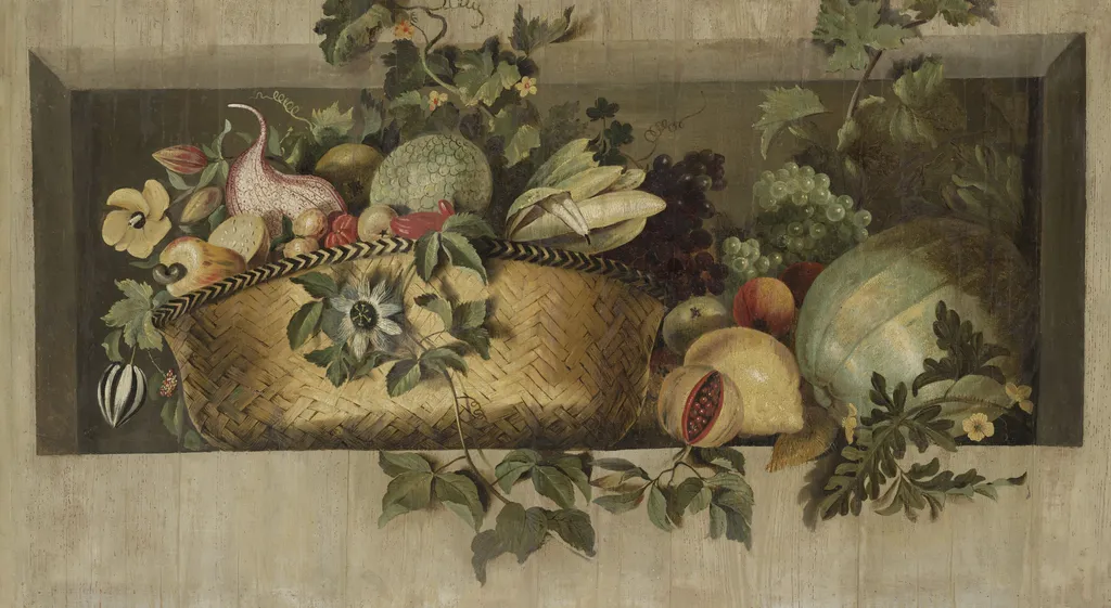 Still Life with Fruit and Flower Garlands, by Jacob van Campen, oil, 1650