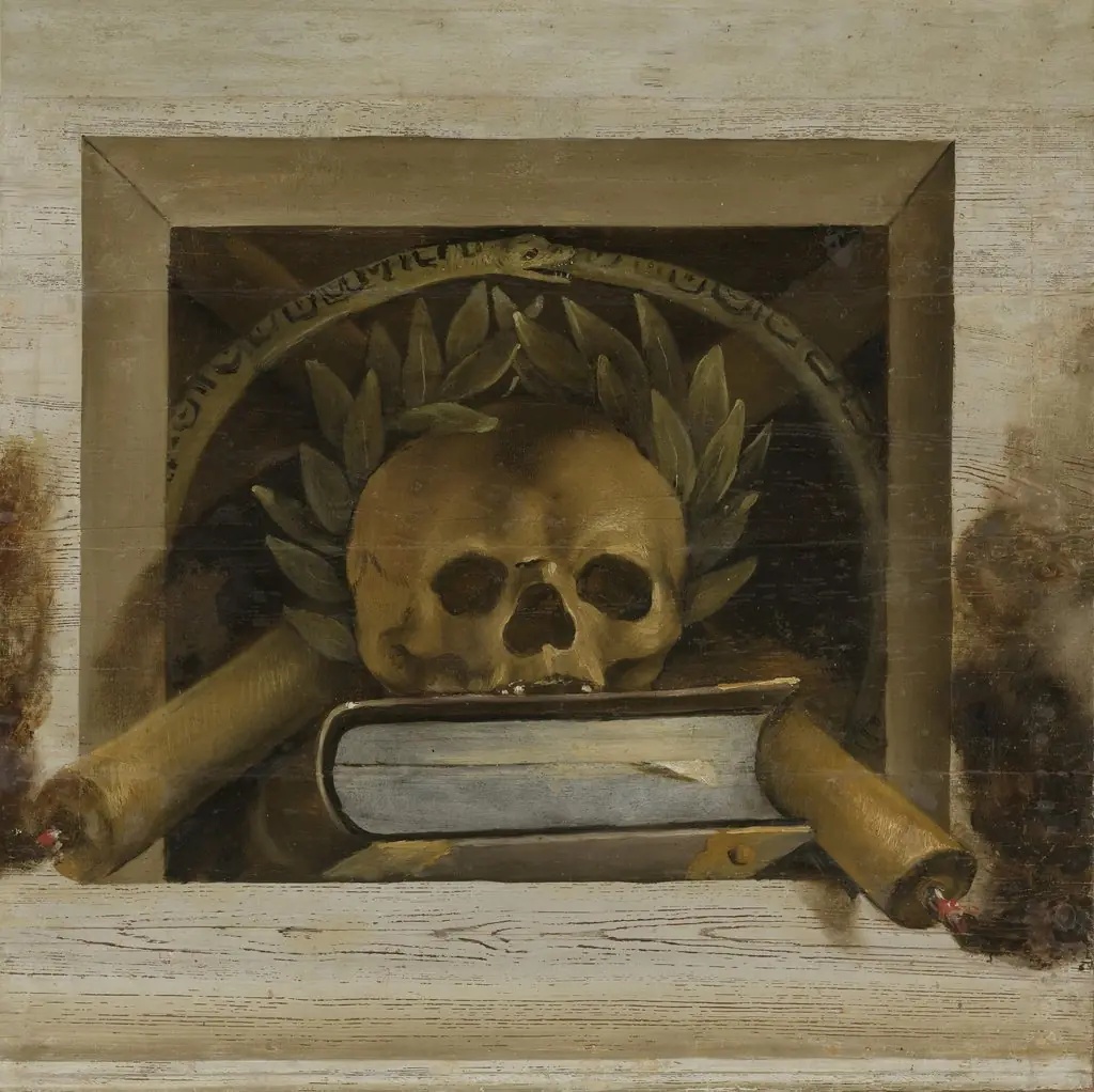 Vanitas Still Life with Skull with a Laurel Wreath and Two Burning Candles, by Jacob van Campen