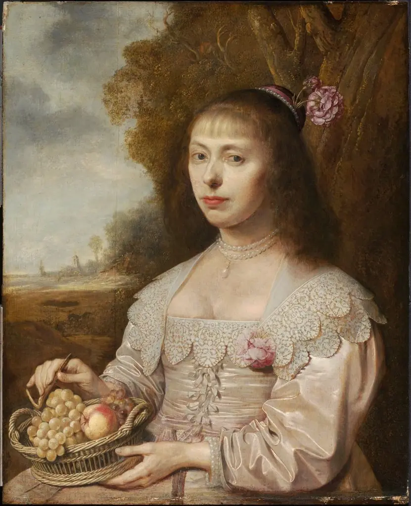Portrait of a Young Woman Holding a Basket of Fruit, by Jacob van der Merck