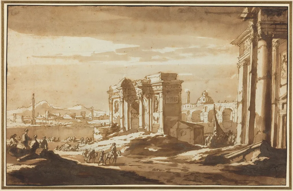 A Capriccio View of Roman Ruins along the Tiber, by Jacob van der Ulft, ink, 1655