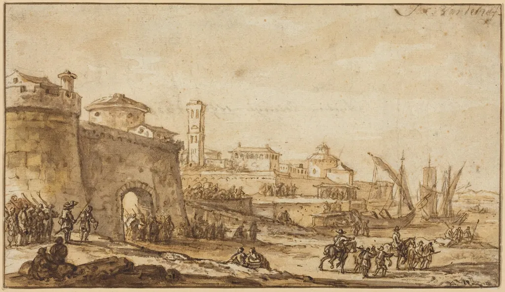 A Coastal Scene with a Fortified Town, by Jacob van der Ulft, ink, 1670