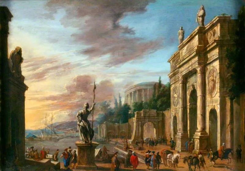 Seaport and Triumphal Arch, by Jacob van der Ulft, oil, 1668