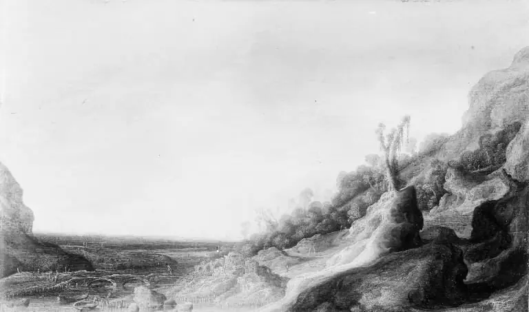 Mountain Scenery with a View of a River and the Sea, by Jacob van Geel