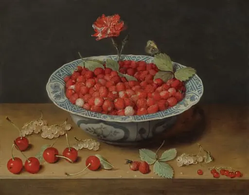 Wild Strawberries and a Carnation in a Wan-Li Bowl, by Jacob van Hulsdonck