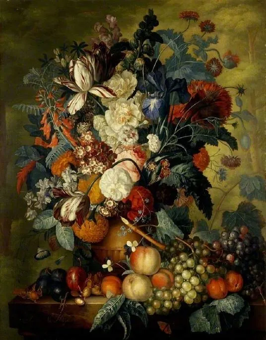 A vase of flowers with fruit, by Jacob van Huysum, oil, 1721