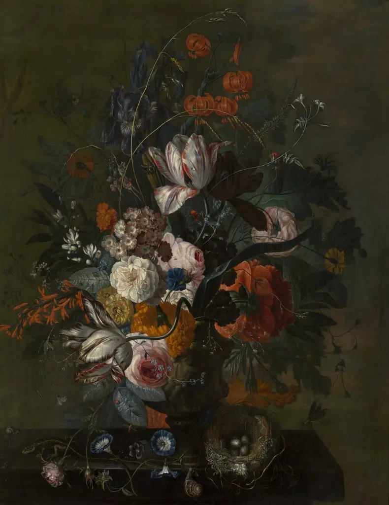 Still Life of flowers in a terracotta vase on a stone plinth, by Jacob van Huysum