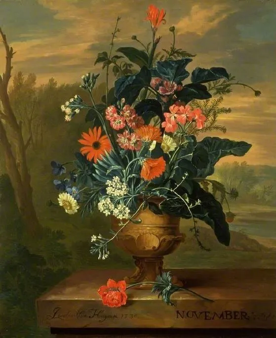 Twelve Months of Flowers: November, by Jacob van Huysum, oil, 1734