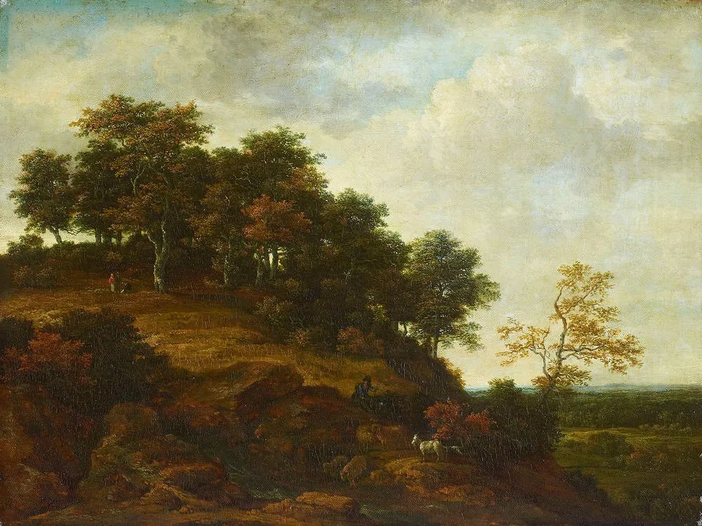 A hill with an oak wood and a little waterfall, by Jacob van Ruisdael, oil, 1654